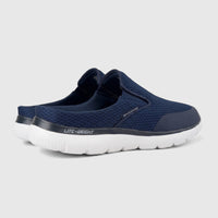 Pair of Skechers men's navy blue comfort slip-on shoes with mesh upper and white lightweight sole, viewed from the rear side.