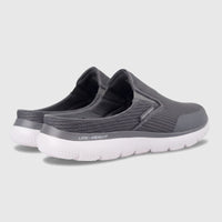 Pair of Skechers Men's Summits Vindicator 232574 grey mesh open-back slip-on comfort shoes with white soles, viewed from the