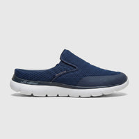 Navy blue Skechers Men's Summits Vindicator slip-on shoe, featuring a lightweight design and mesh upper, displayed from a