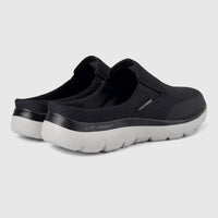 Angled view of black Skechers Men's Summits Vindicator slip-on shoes with mesh upper and grey lightweight sole.