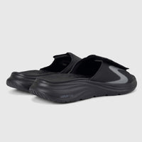 Pair of black Skechers men's Vapor Foam slide sandals with an adjustable strap and a prominent grey 'S' logo, offering