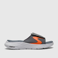 Side view of Skechers Men's Comfort Vapor Foam Sandal 232993 in grey with orange accent, featuring a white sole and