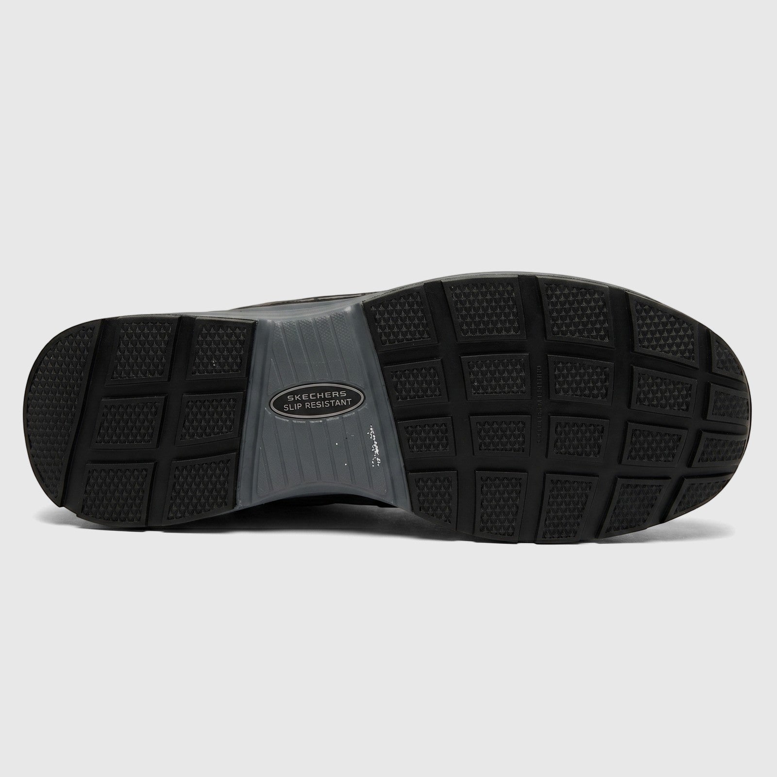 Skechers Men's Workmalad II Composite Toe comfort sneaker, black, showing the slip-resistant sole with tread pattern.