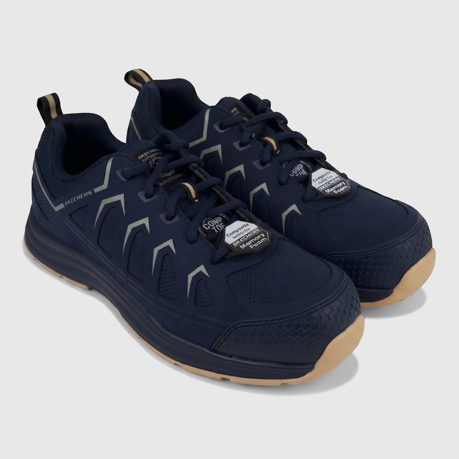 Skechers Men's Workmalad II Composite Toe Safety Sneakers in navy and tan, shown angled on a white background.