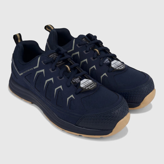 Skechers Men's Workmalad II Composite Toe Safety Sneaker in navy blue with tan sole, side view.
