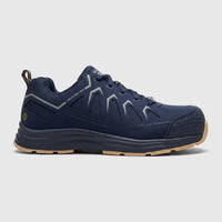 Skechers Men's Workmalad II Composite Toe Safety Sneaker in navy blue with tan sole, side view.