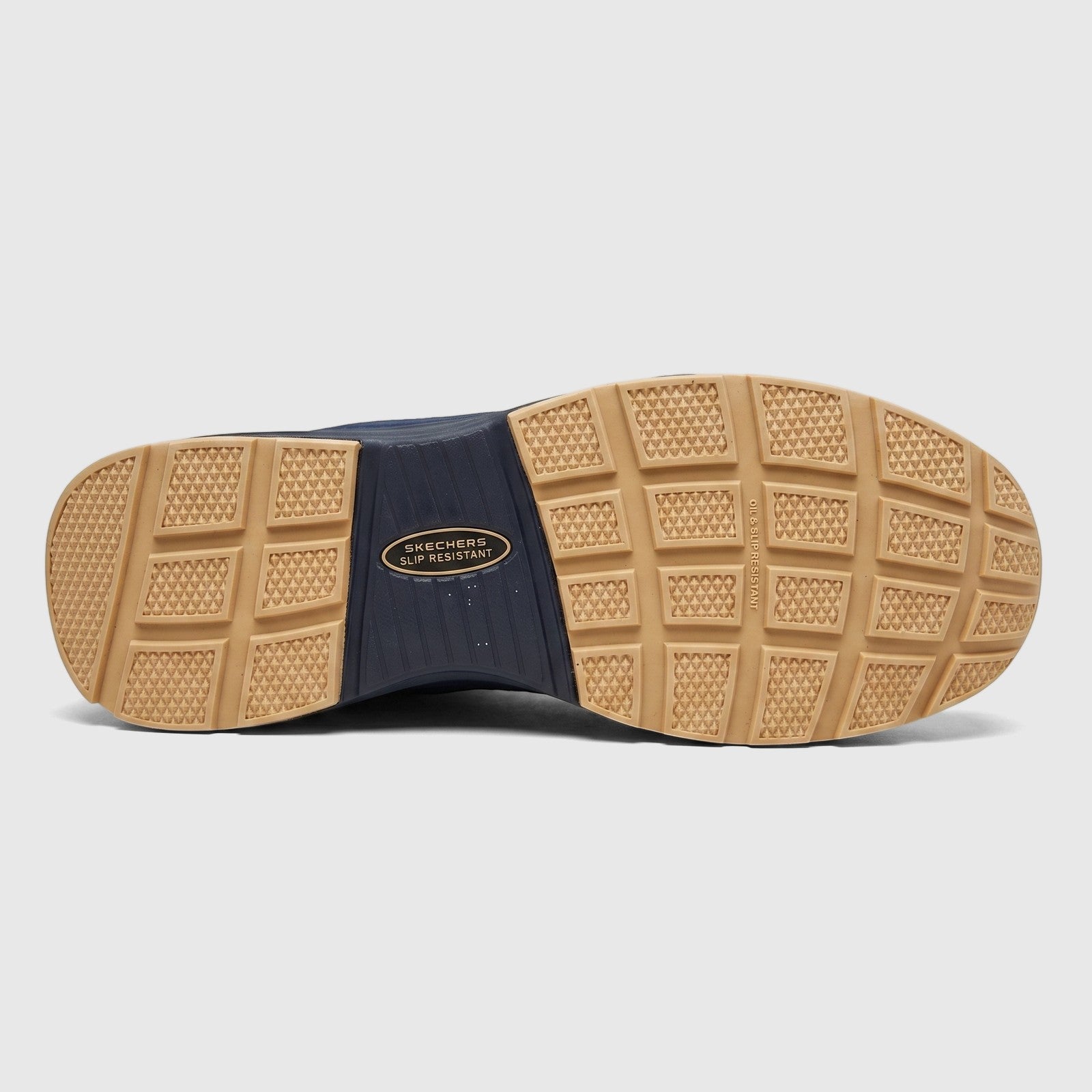 Skechers Men's Comfort/Safety Sneaker Workmalad II Composite Toe in navy and tan, showcasing the slip-resistant sole.