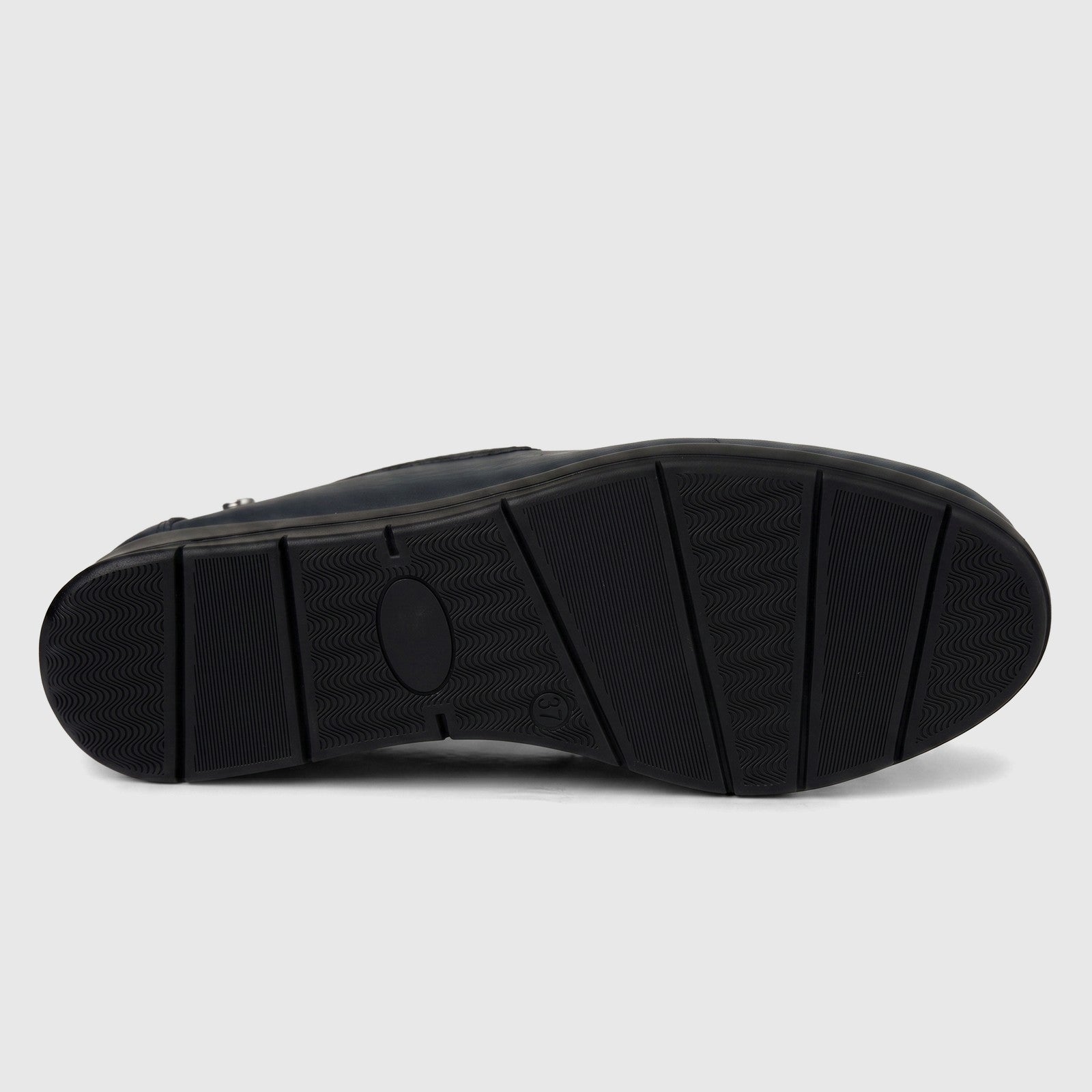 Thea Comfort Shoe Navy 01358 shown from outsole view with black rubber sole and textured tread for grip.