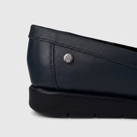 Thea Comfort Shoe Navy 01358 in navy leather, side and heel view showing stitched upper and black sole