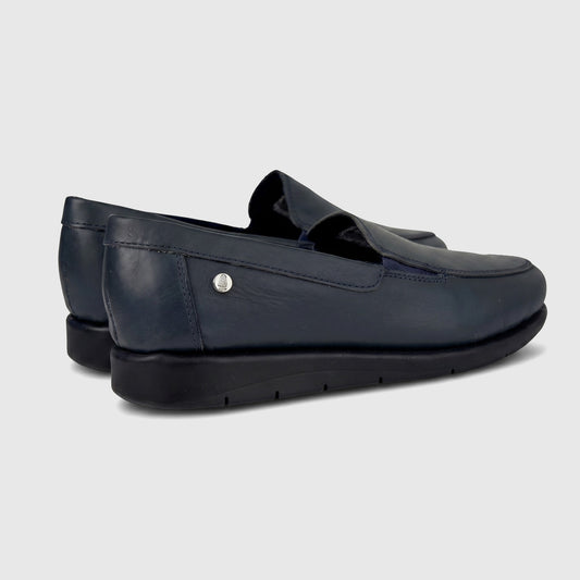 Thea Comfort Shoe Navy 01358 navy leather slip-on loafer, side view with low profile and thick black sole.