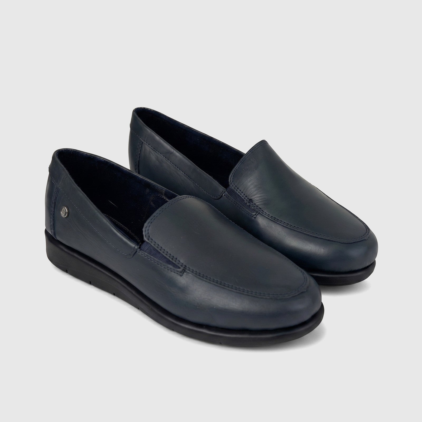 Thea Comfort Shoe Navy 01358 slip-on loafers in navy leather with low black sole, shown as a pair angled view.