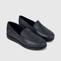 Thea Comfort Shoe Navy 01358 slip-on loafers in navy leather with low black sole, shown as a pair angled view.