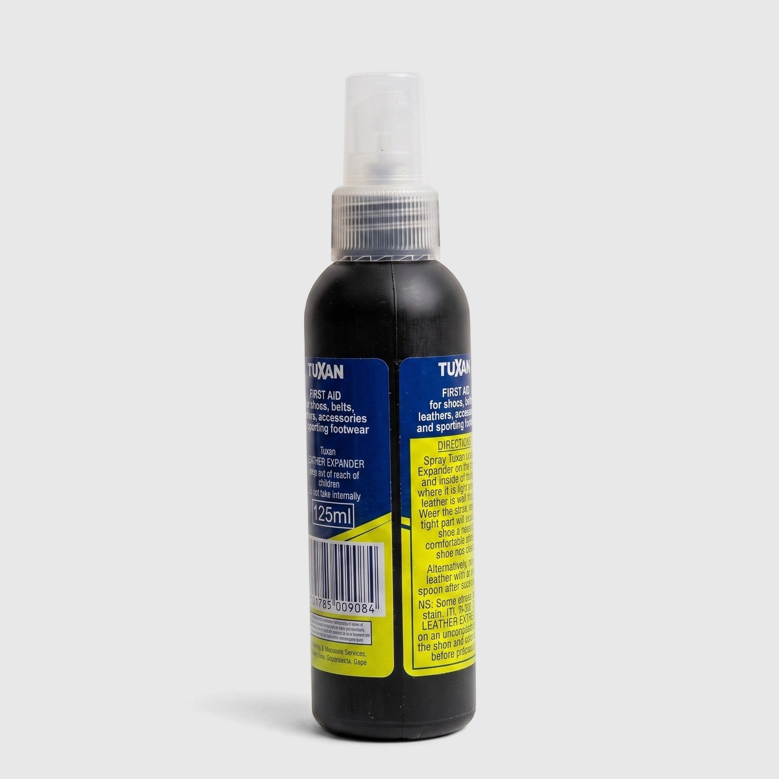 Black Tuxan Spray-On Leather Expander spray bottle, 125ml, for easing tight leather, with white nozzle and clear cap.