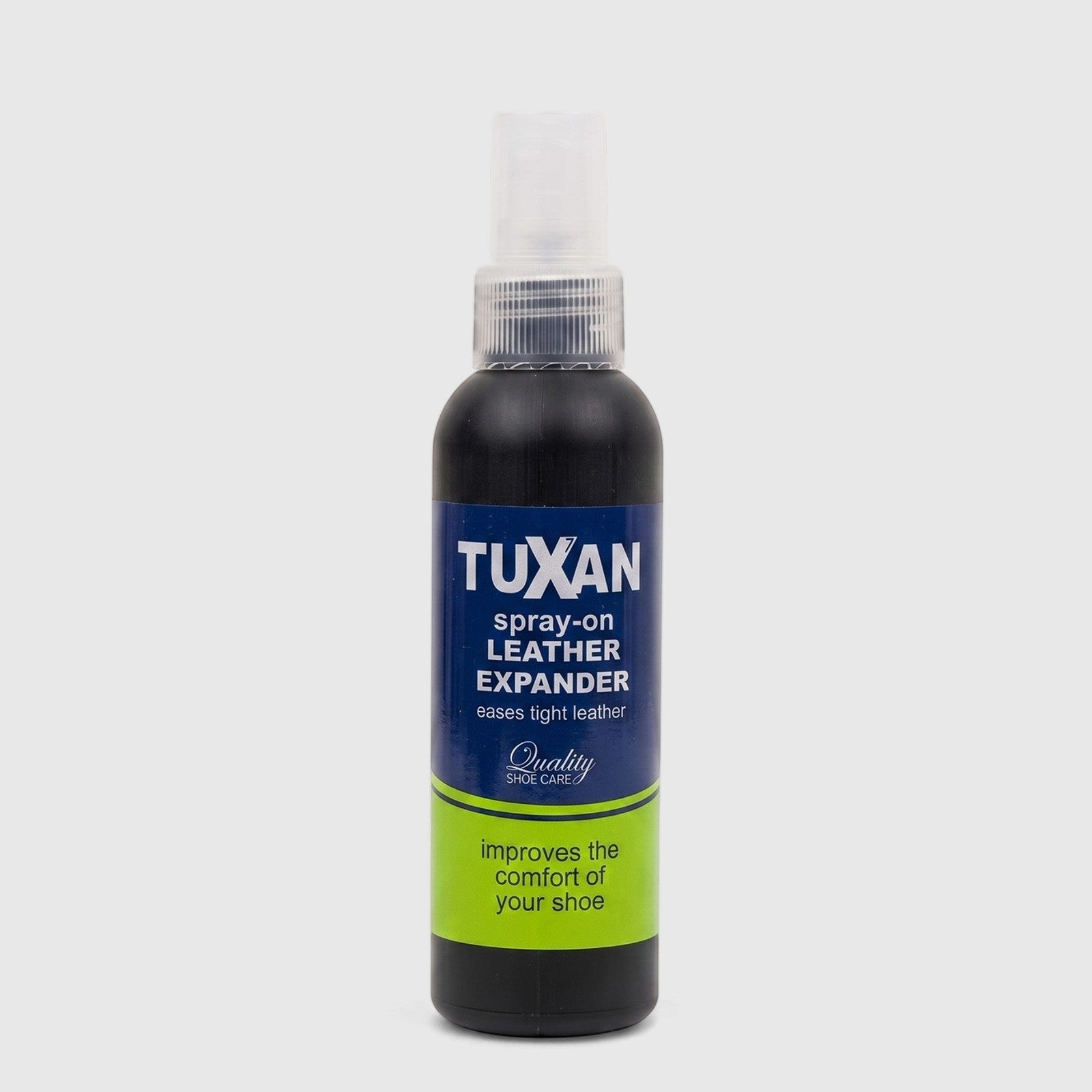 Tuxan Spray-On Leather Expander, a black bottle with a white spray nozzle and blue and green label, for easing tight leather.