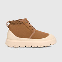 Ugg Neumel Weather Hybrid ladies boot in chestnut suede with white cap toe and chunky lug sole, side view.