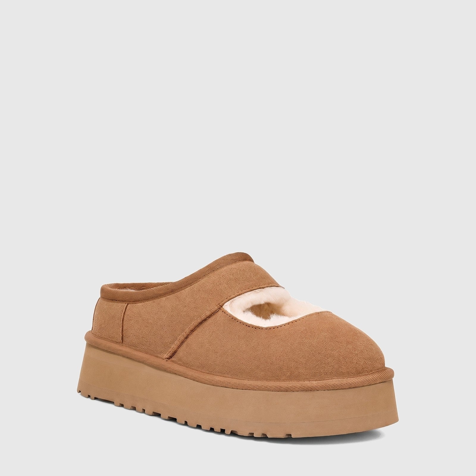 Ugg Ladies Clog Bea Mary Jane 1167612 in chestnut suede with plush lining and a chunky platform sole, side view