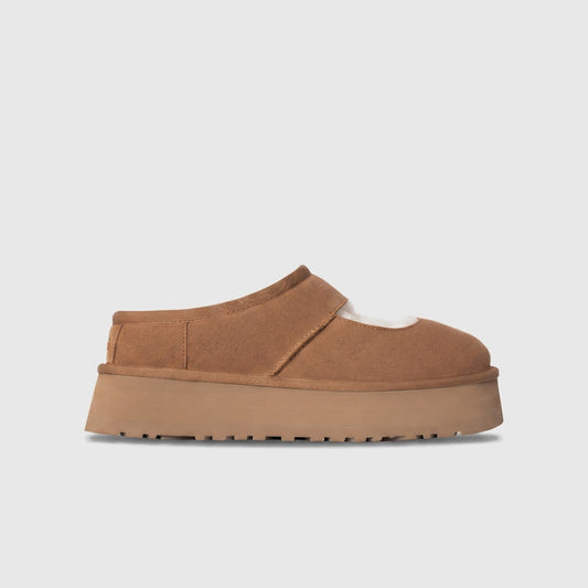 Ugg Ladies Clog Bea Mary Jane in chestnut suede, side view showing platform sole and cozy shearling lining.