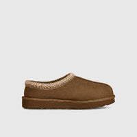 Ugg Ladies Clog Tasman II in light bronze suede, side view showing slip-on mule shape and patterned collar trim