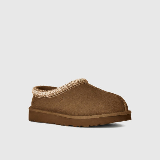 Ugg Ladies Clog Tasman II in light bronze suede, side view showing slip-on mule shape and patterned collar trim