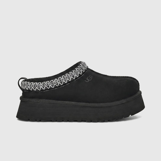 Ugg Ladies Clog Tazz II black slip-on clog, side view with braided collar trim and chunky platform sole