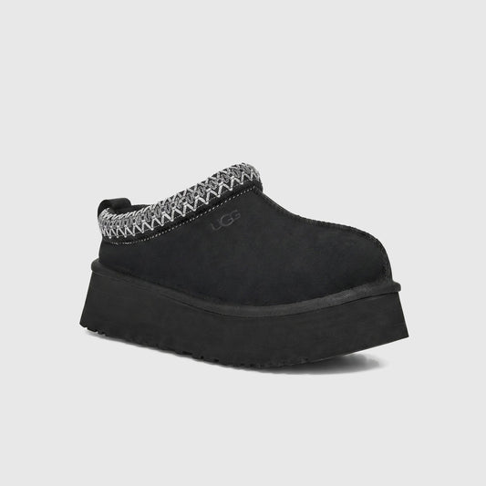 Ugg Ladies Clog Tazz II black slip-on clog, side view with braided collar trim and chunky platform sole