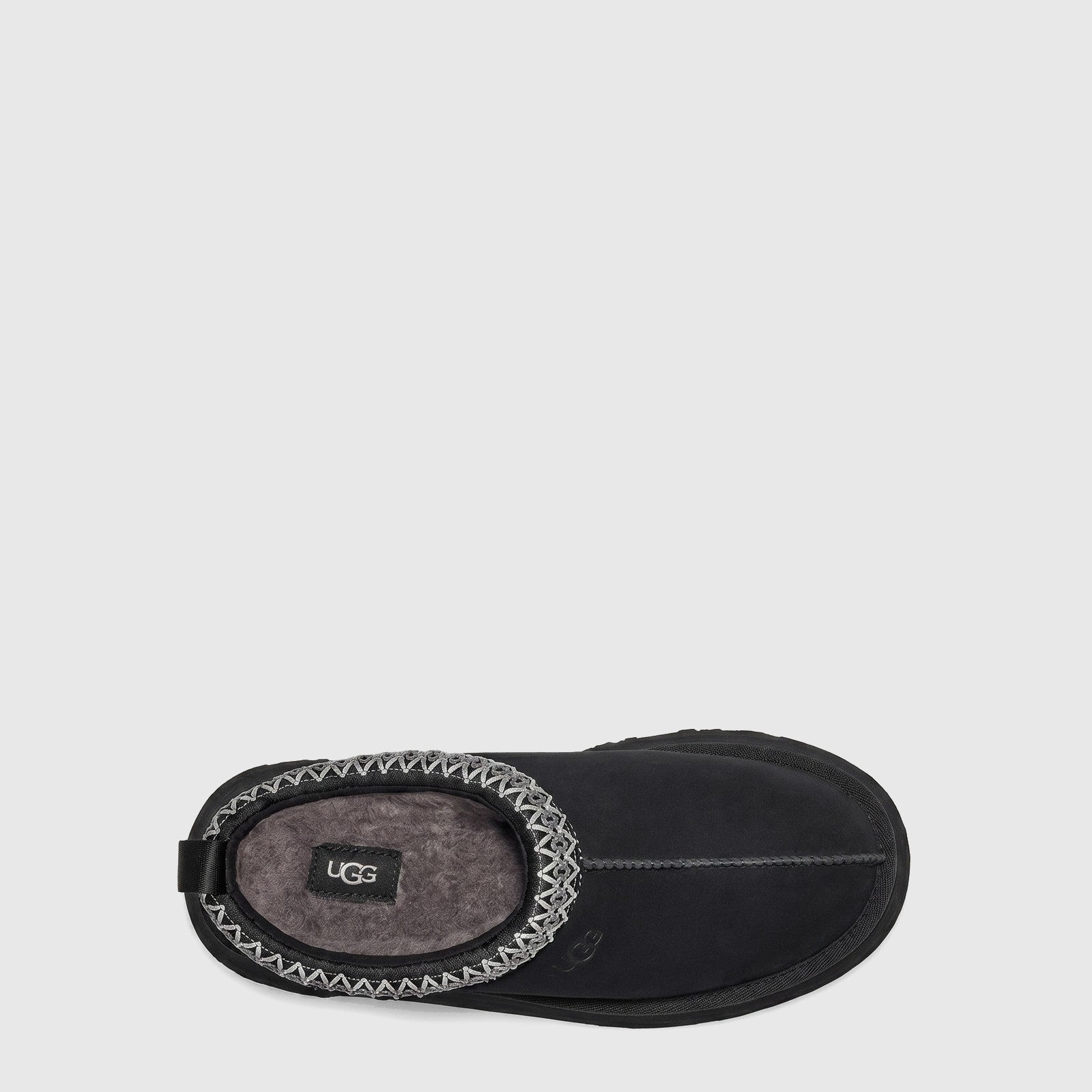 Ugg Ladies Clog Tazz II in black suede, top view slip-on clog with braided trim and soft lining around collar