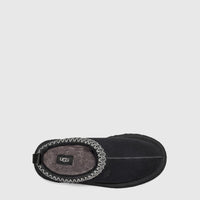 Ugg Ladies Clog Tazz II in black suede, top view slip-on clog with braided trim and soft lining around collar