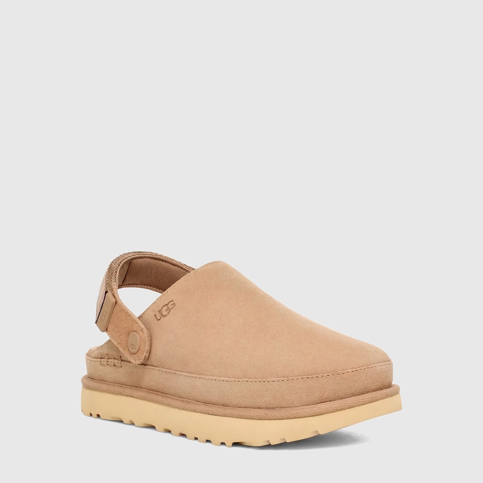 Ugg Ladies Goldenstar Clog Sand 1138252 UG44 in sand suede with adjustable heel strap, side view.