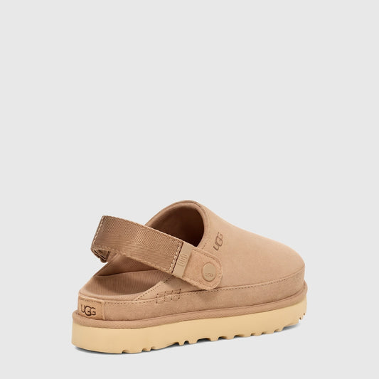 Ugg Ladies Goldenstar Clog Sand 1138252 slip-on suede clog in sand color with adjustable strap, side view