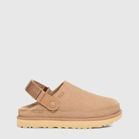 Ugg Ladies Goldenstar Clog Sand 1138252 UG44 in sand suede, side view with adjustable slingback strap and chunky sole