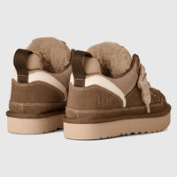 Ugg Ladies Sneaker Lowmel 1144032 in light bronze suede with shearling collar, rear view of the pair.