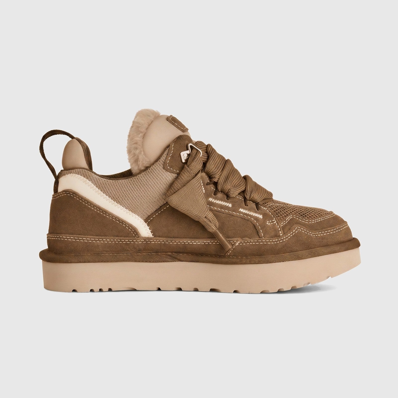 Ugg Ladies Sneaker Lowmel 1144032 in light bronze, side view suede and mesh low-top with thick sole.