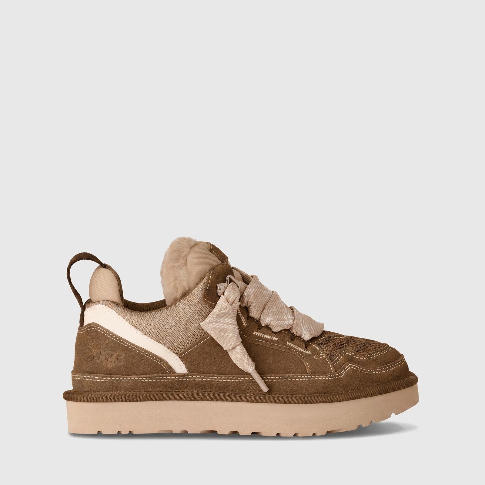 Ugg Ladies Sneaker Lowmel 1144032 in light bronze suede and mesh, low top with beige sole, side view.