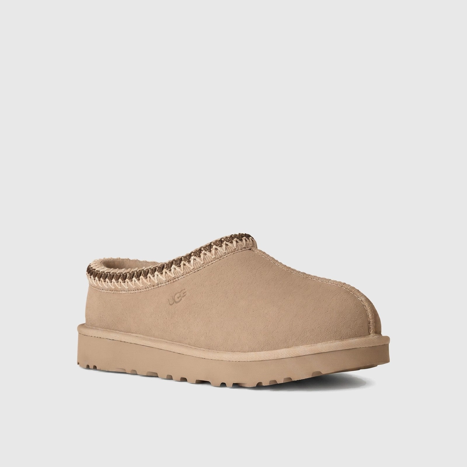 Ugg Ladies Clog Tasman II Moonlight in sand suede, side view slip-on clog with braided collar and platform sole.