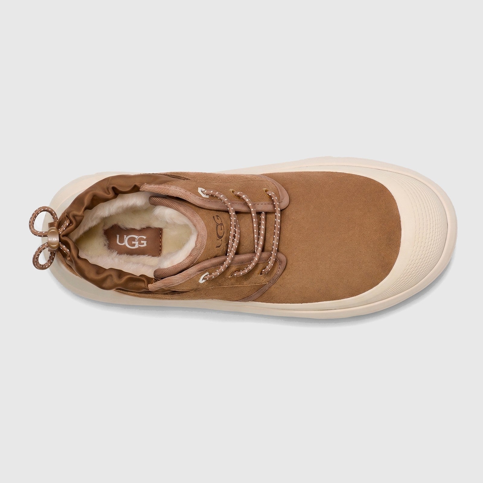 UGG Neumel Weather Hybrid ladies boot in chestnut suede with white toe cap, top view with laces