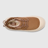 UGG Neumel Weather Hybrid ladies boot in chestnut suede with white toe cap, top view with laces