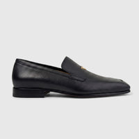 Valentino Men's Black Grained Leather Dress Slip-On Loafer shoe with gold-tone hardware, side view.