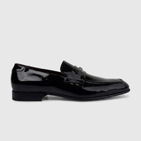 Valentino Men's Black Patent Leather Dress Slip-On Shoe, model 21495 VL16, shown from a side profile.