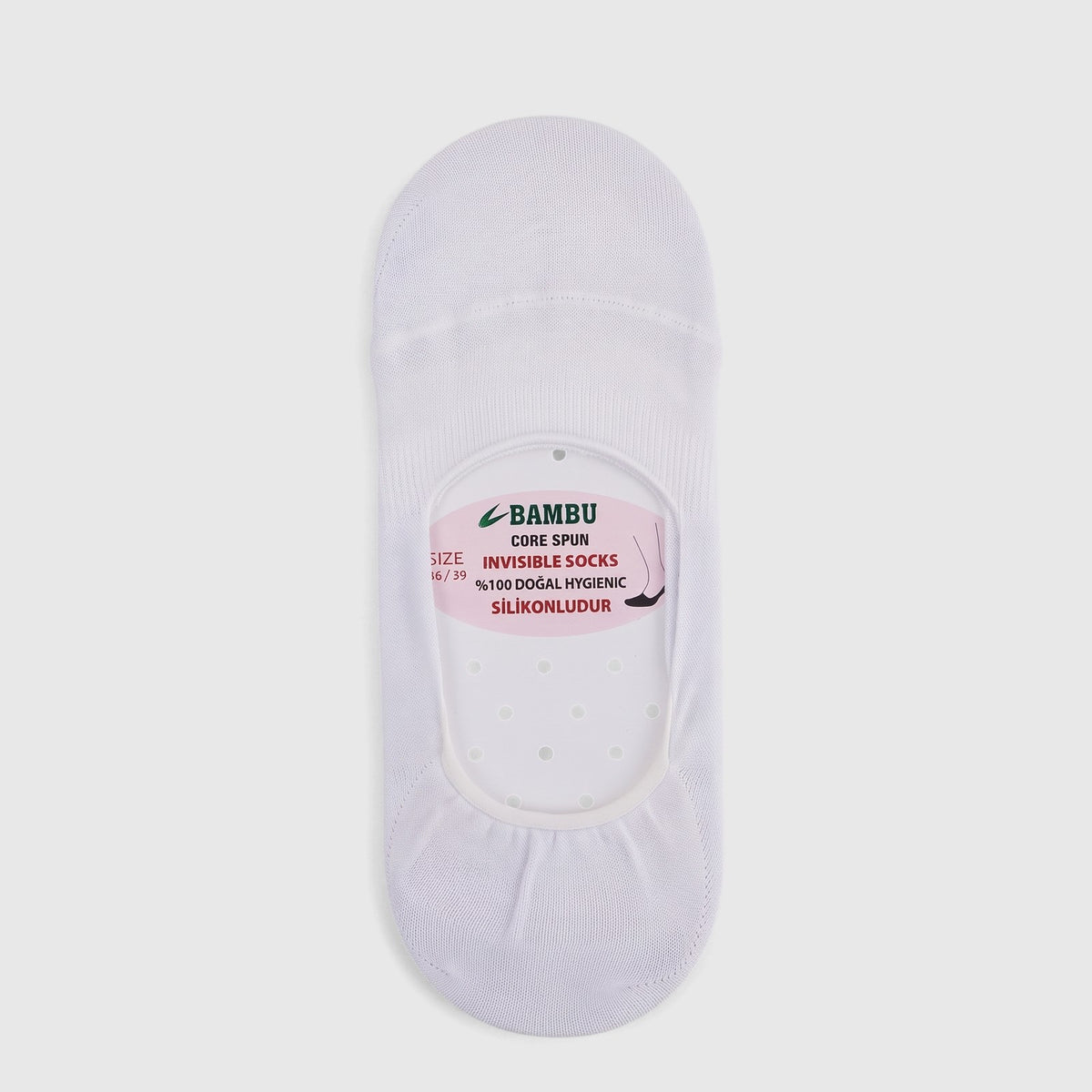 White ladies' bamboo invisible socks, size UK2 to UK6, shown with clear packaging and branding, displayed in a flat-lay.