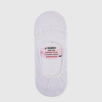 White ladies' bamboo invisible socks, size UK2 to UK6, shown with clear packaging and branding, displayed in a flat-lay.